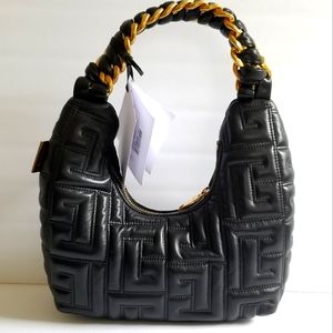 Balmain Mini Pillow Monogram Quilted Leather Hobo Bag Black